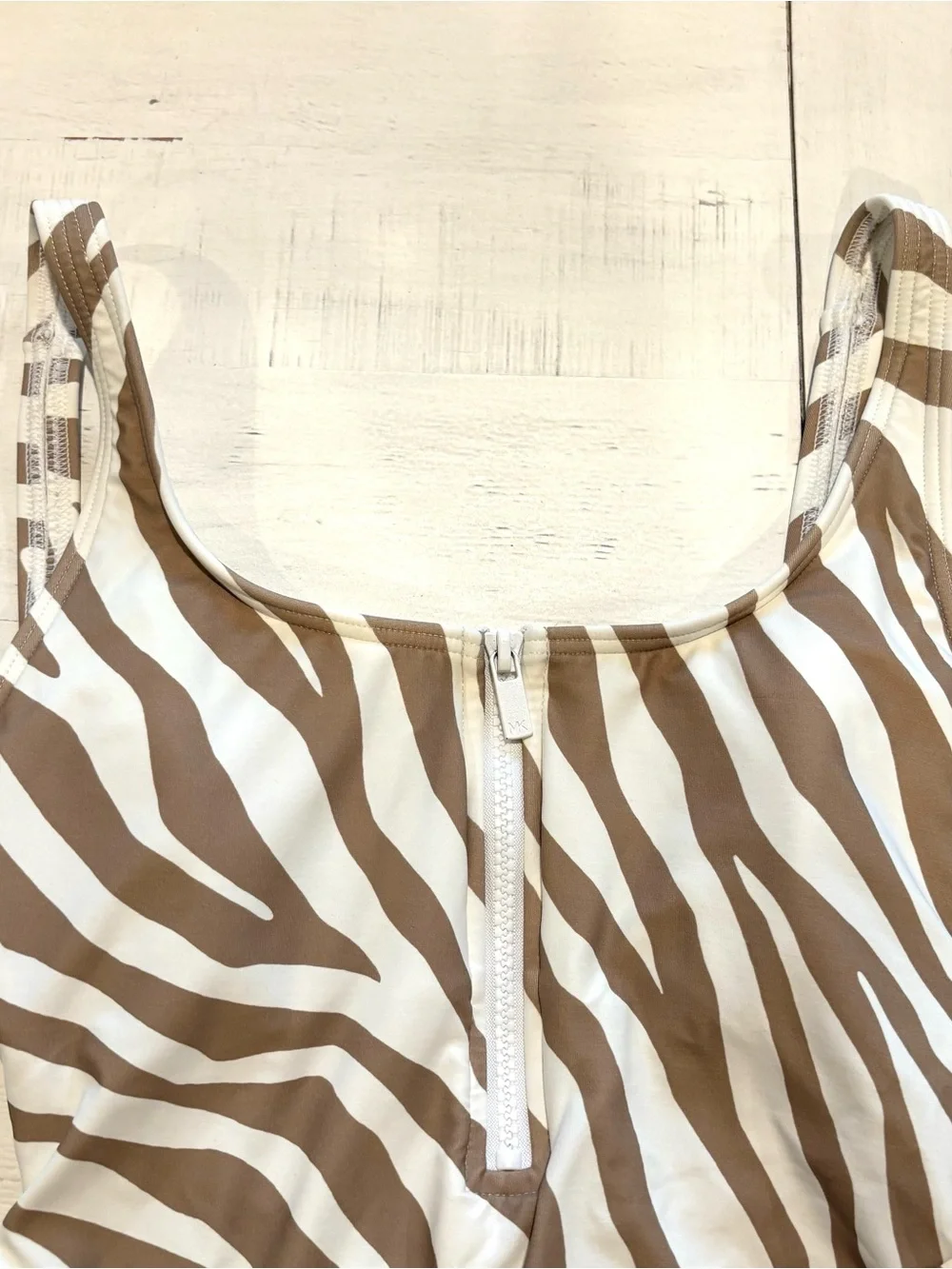 Michael Kors Tan & White Zebra-Print One-Piece Swimsuit with Front Zip